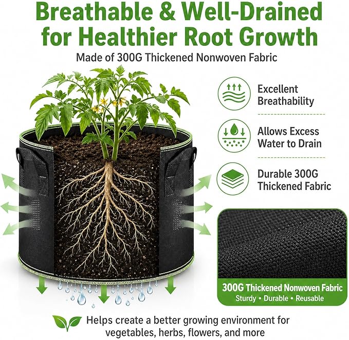 Delxo 20-Pack 10 Gallon Heavy Duty Aeration Thickened Nonwoven Fabric Pots Plant Grow Bags with Handles