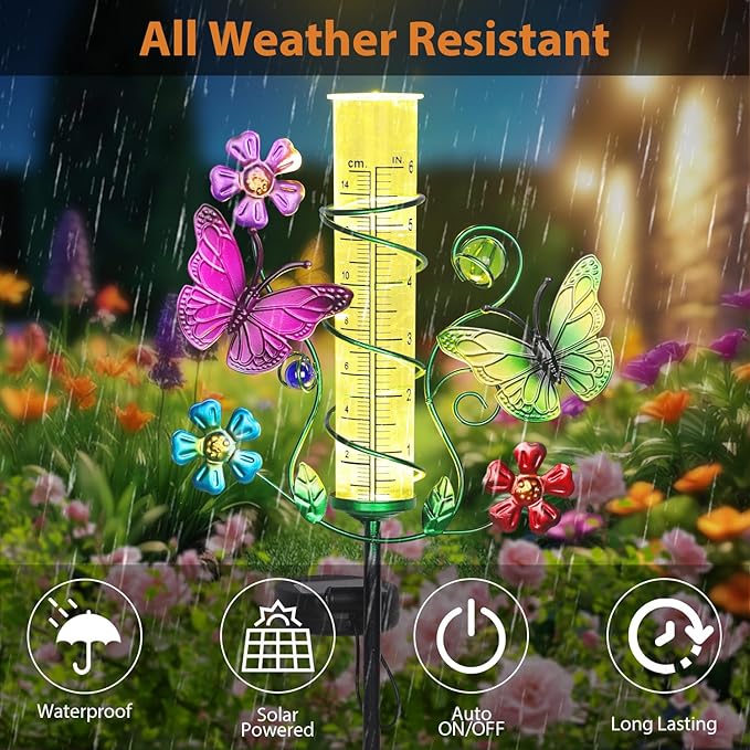 Butterfly Rain Gauge with 6 Inch Plastic Tube, Accurate Rain Gauges Outdoors Best Rated with LED Solar Lights Rain Measure Tool for Garden, Lawn, Patio