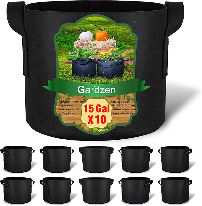 Gardzen 10-Pack 15 Gallon Grow Bags, 300G Thickened Fabric Grow Bags with Handles, Heavy Duty Aeration Plant Grow Bags for Indoor & Outdoor Use