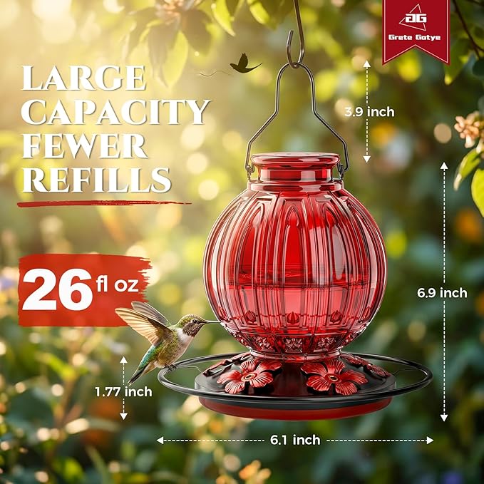 2 Pack Glass Hummingbird Feeder for Outdoors Hanging, Bird Nectar Feeder with Perch & 5 Flower Feeding Ports, 26 Oz Leak Proof for Outside Garden Decor Backyard, Gifts for Women Mom, Red + Green Blue
