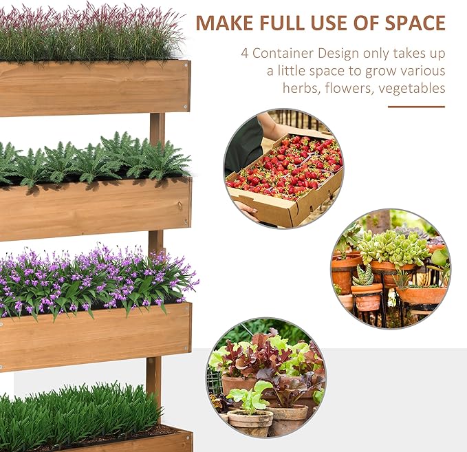 Outsunny Vertical 4 Tier Raised Garden Bed, Wooden Planter Box, Self-Draining with Bed Liner for Indoor Outdoor Flowers, Vegetables and Herbs, Orange