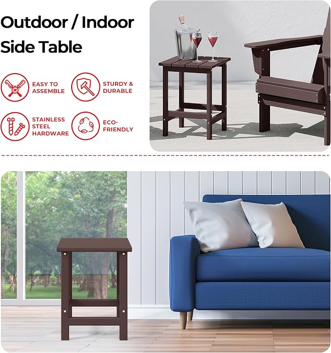 Costaelm Square Outdoor Side Tables, Adirondack Patio Tables for Outside, HDPE Patio End Table Weather Resistant, Balcony Table for Pool, Seaside, Backyard, Porch, Indoor Companion, Dark Brown