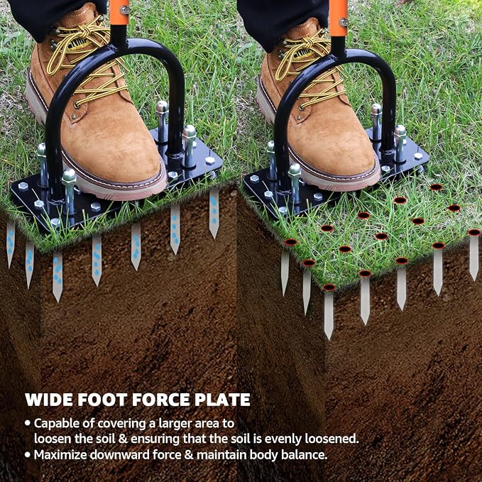 Lawn Aerator, Automatic Dirt and Leaf Clean Design, Heavy Duty Manual Lawn Aerator Tool with 15 Iron Spikes, Height Adjustable, Yard Grass Aerator for Lawn(Black with Orange)