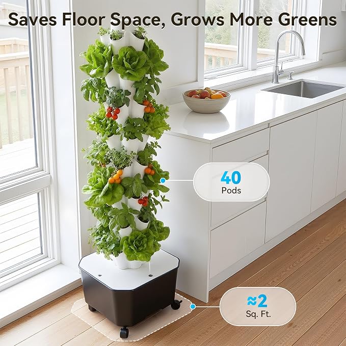 BAOSHISHAN 8 Tiers 40 Pods Outdoor Hydroponics Tower for Herbs & Greens | Durable ABS Space-Saving Vertical Tower, Smart Water Circulation, 360° Wheels for Easy Mobility, Beginner-Friendly Setup