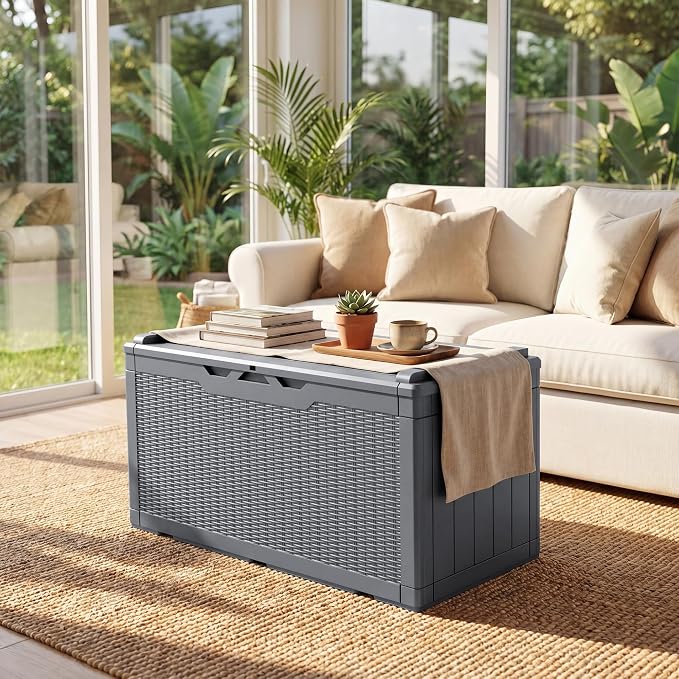 JUMMICO 100 Gallon Resin Deck Box with Cushion, Waterproof Outdoor Storage Box with Lockable Lid for Garden Tools, Patio Cushions (Gray)