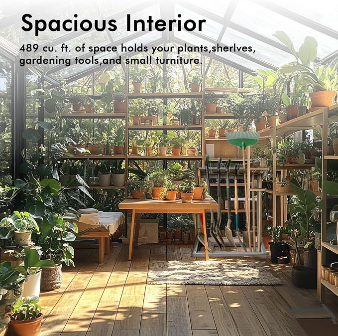 8X10FT Greenhouses for Outdoors with Electronic Thermometers, Green Houses for Outside with Drainage Channel Roof Vent for Backyard, Walk-in Greenhouse Kit Withstands Strong Wind or Snow