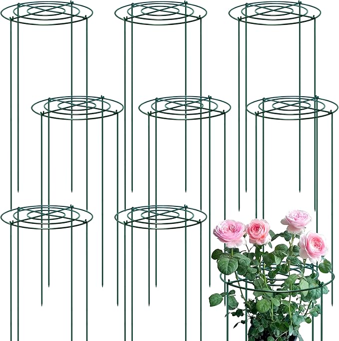 8 Sets Peony Support Cage,14"Diax32"High Heavy Duty Metal Plant Support,Grow Through Hoops Grids with 4 Thickened 5mm Legs,Strong Support Brace for Heavy Blossoms,Flower Support Ring for Peonies,Rose