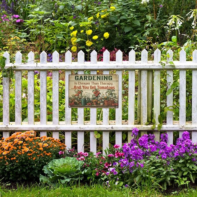 Vintage Garden Sign – 'Gardening Is Cheaper Than Therapy' | 12x8″ Funny Metal Garden Signs Decor for Outside, Gardening Gifts for Women & Mom, Plant Lover Gifts, 2685