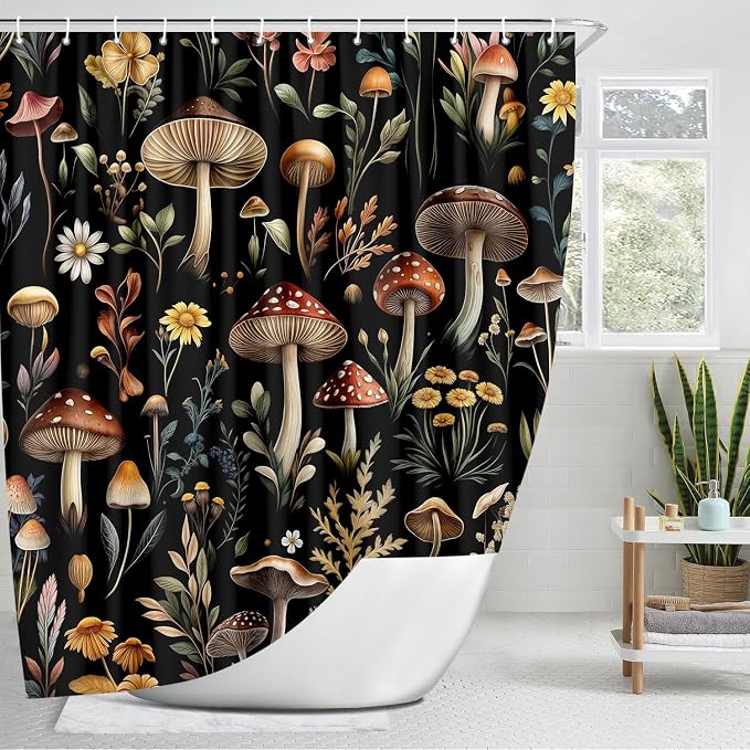 Vintage Mushroom Shower Curtain, Witchy Aesthetic Black Boho Floral Retro Botanical Shower Curtain Set, Fairy Dark Wildflower Plant Decorative Farmhouse Bathroom Accessories Curtain with Hook 70X70IN