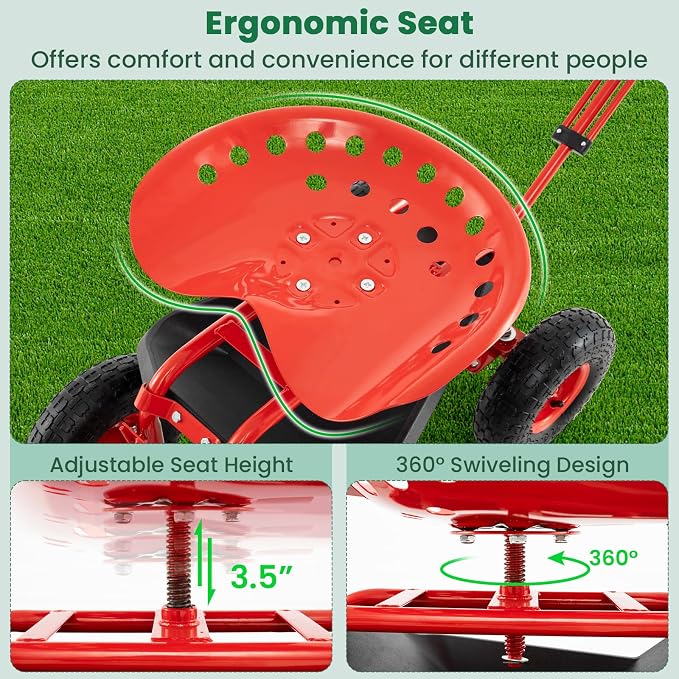Giantex Rolling Garden Workseat with Wheels, 360 Degree Swivel Gardening Stool Cart with Storage Basket, Adjustable Height, Steering Handle, Steel Frame, Outdoor Work Seat for Planting Triming (Red)