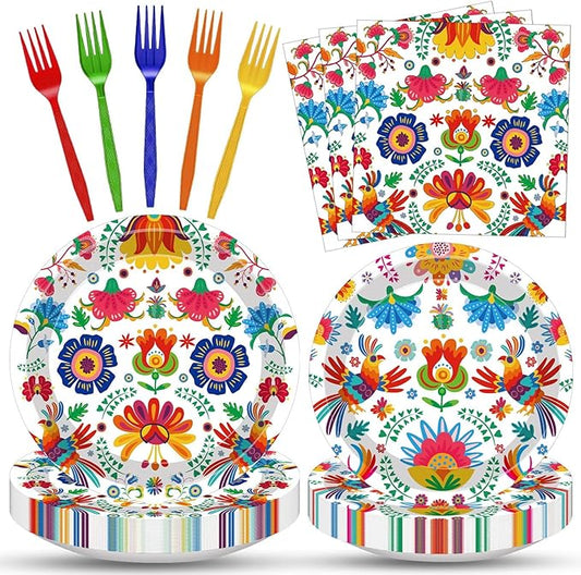 100 Pcs Fiesta Party Tableware Supplies Set - Serves 25, White Mexican Floral Disposable Paper Plates, Napkins, Plastic Forks for Birthday, Cinco de Mayo, Outdoor Picnic Themed Table Decorations