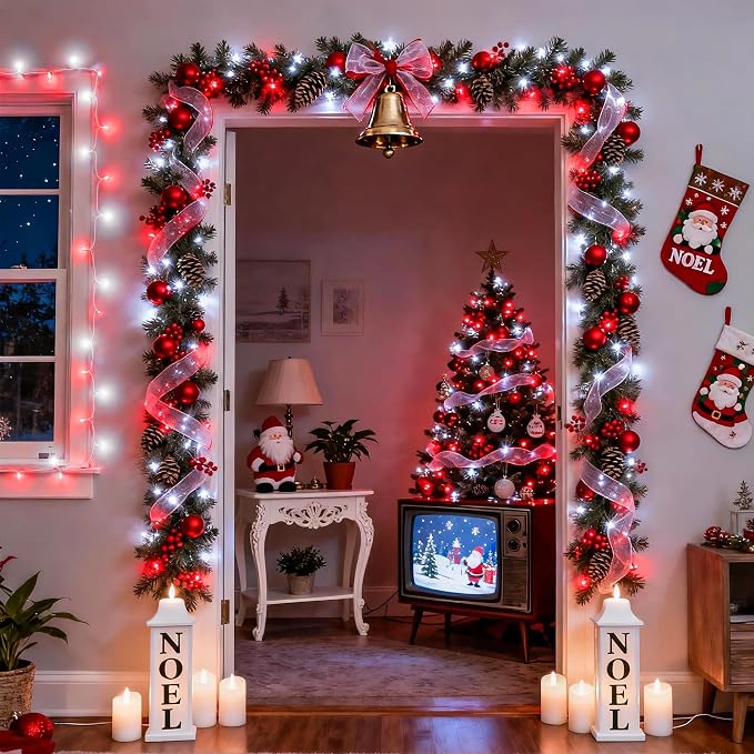 JMEXSUSS Connectable Red and White Christmas Lights, 8 Modes 100 LED Twinkle String Lights Indoor, Clear Wire Plug-in Christmas String Lights Outdoor Waterproof