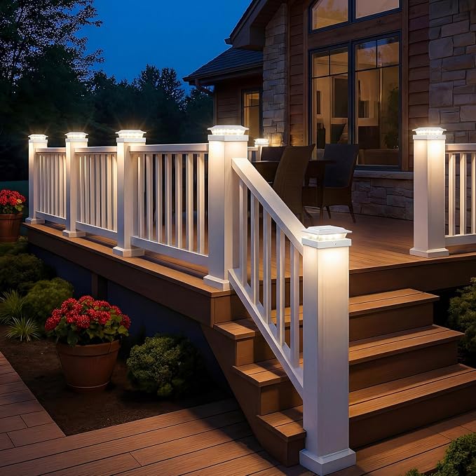 kolpop 4x4 Solar Post Cap Lights Outdoor 4Pack- 3 Color Temperatures&2 Level Brightness, IP65 Waterproof, 16 LED Fence Deck Post Light Solar Powered Only for 4×4/3.5×3.5 Wood/Vinyl Posts(White)
