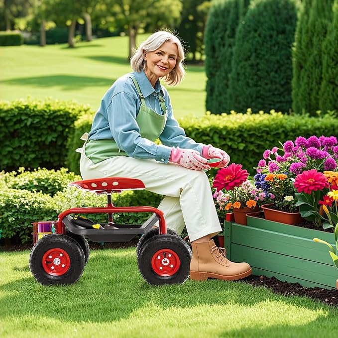 IRONMAX Garden Cart with Seat, Gardening Rolling Stool Scooter with 10’’ All-Terrain Wheels, Convenient Pull Handle & Tool Tray and Basket for Outdoor Planting (Red)