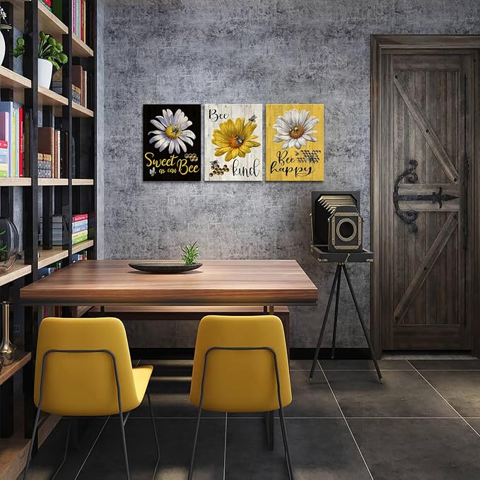 FuShvre Flower and Bee Canvas Wall Art Bee Happy Kitchen Picture Prints Black Yellow Wall Decor for Farmhouse Framed 12"x16"x3pcs