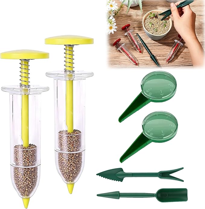 Mini Seed Spreader, 2026 Upgraded Seed Sower Tool Manual Seedlings Dibber and Widger Set, Mini Seed Dispenser for Tiny Seeds (1 Set Yellow)