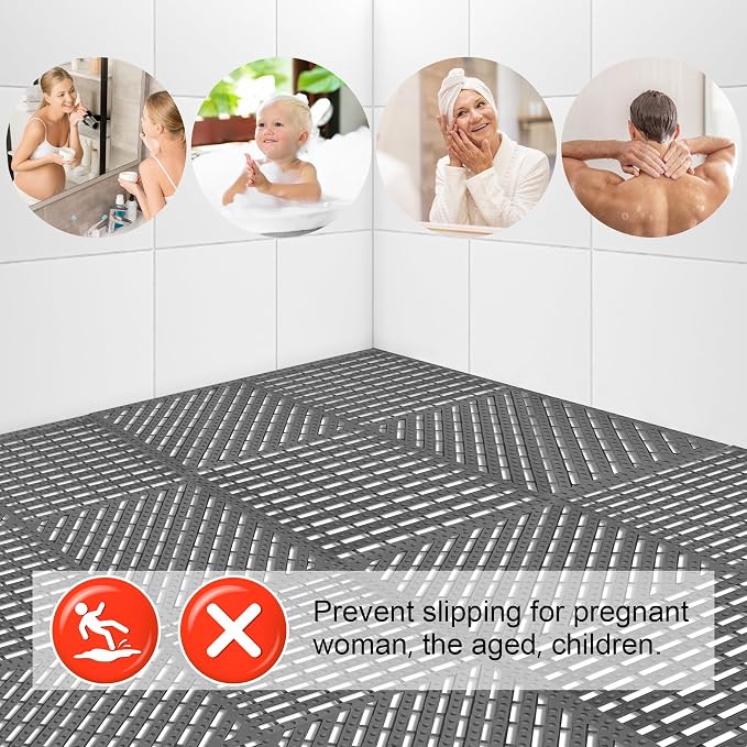 MYFAMIREA Modular Interlocking Cushion 12 Pack 11.8" x 11.8" Rubber Floor Tiles Non-Slip Splicing Drainage Mats for Deck, Pool, Shower, Patio, Balcony, Bathroom, Kitchen, Yard (1 Rows Dots, Dark Gray)