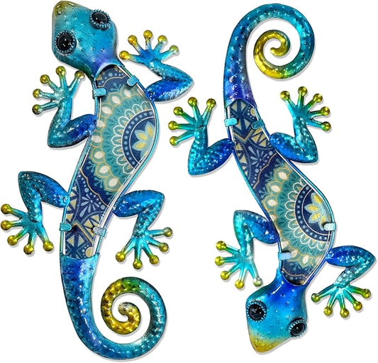 HONGLAND Metal Gecko Wall Art 2Pcs Outdoor Wall Decor 12 Inch Lizard Metal Hanging Wall Decoration Glass Sculpture for Garden Yard Patio Fence Home (Boho Blue)