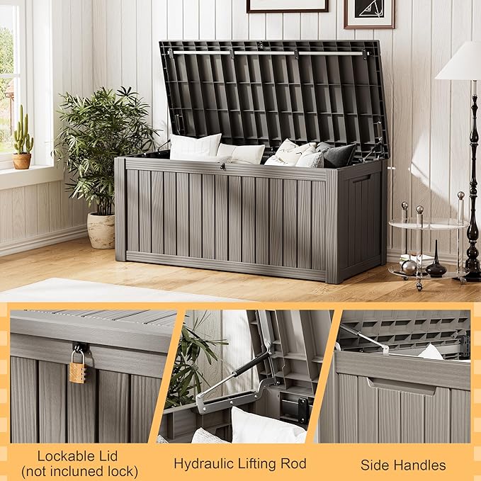 Outdoor Storage Box, 160 Gallon Resin Deck Boxes Outdoor Waterproof For Patio Furniture, Garden Tools, Pool Supplies, Lockable And UV Resistant (Striped Gray)