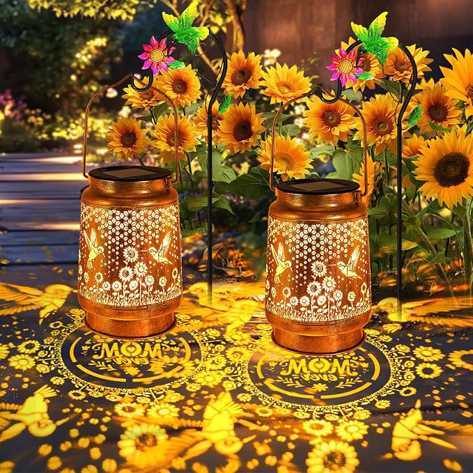 2 Pack Hummingbird Solar Lanterns Outdoor Garden Decor, Birthday Gifts for Women Mom, Hanging Metal Solar Lights Waterproof LED Decoration with Shepherd Hook Outside for Yard Patio Lawn Porch