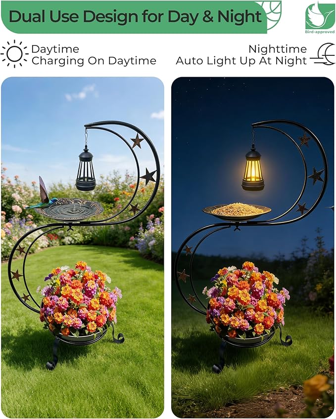 Solar Bird Bath for Outside, Vintage Metal Bath Bowl Standing Birdbaths with Flower Planter for Garden Yard Lawn Decor