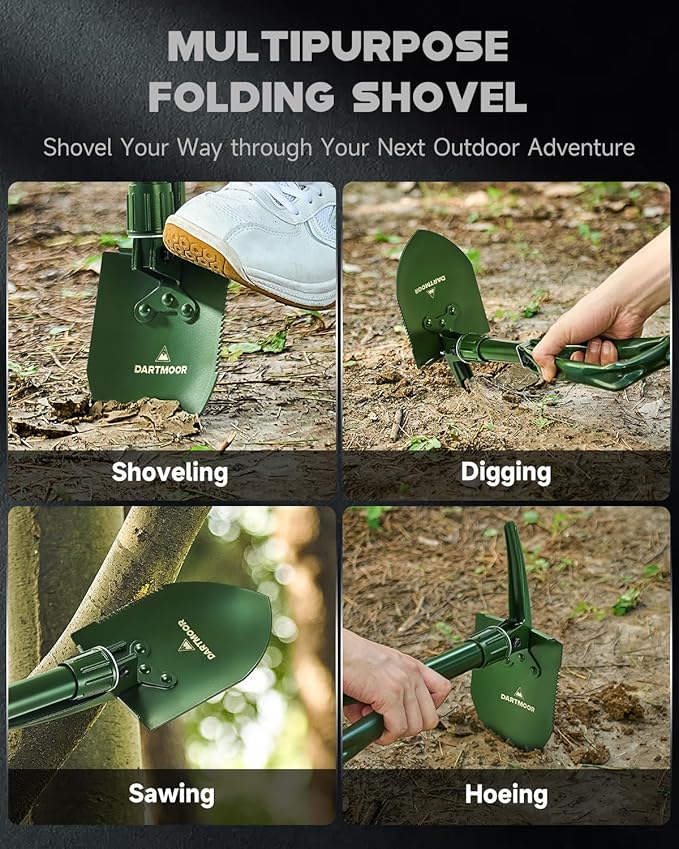 DARTMOOR Folding Shovel, 18" Mini Camping Shovel with Saw Edge, Lightweight Outdoor Survival Shovel for Digging, Camping, Hiking, Garden, Backpacking, with Storage Bag, Green