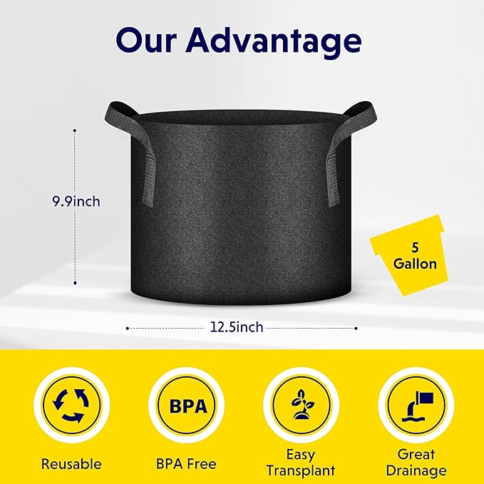 iPower 5-Pack 5 Gallon Thickened Grow Bags Nonwoven Fabric Pots Aeration Container with Strap Handles for Garden and Planting, Black