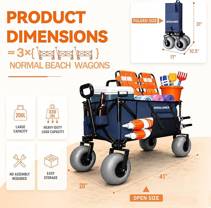 X800 Heavy Duty Beach Wagon with 9x4 Balloon Wheels – 200L Foldable Wagon Cart, 41" Collapsible Utility Wagon with Side Bag for Beach Essentials, Sports, Camping & Outdoor (Navy Blue)