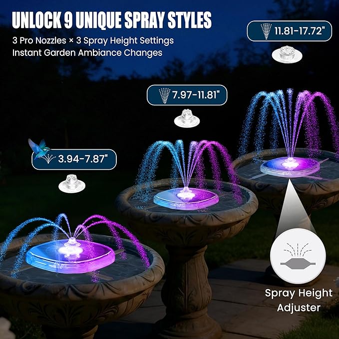 Solar Fountain Pump for Bird Bath,2026 Solar Powered Water Fountain Pump with Lights, 4000mAh Large Battery Solar Bird Bath Fountains Outdoor,9 Spary Modes Solar Birdbath Fountains for Pond,Pool-White