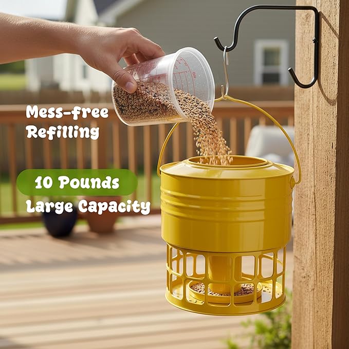 KOL Large Bird Feeder for Outdoors, 10LB Capacity Squirrel Proof Metal Feeder with 32 Feeding Ports & 3 Perches, Easy-Clean Hanging Birdfeeder for Cardinals, Bluebirds, Finches (Earthy Yellow)