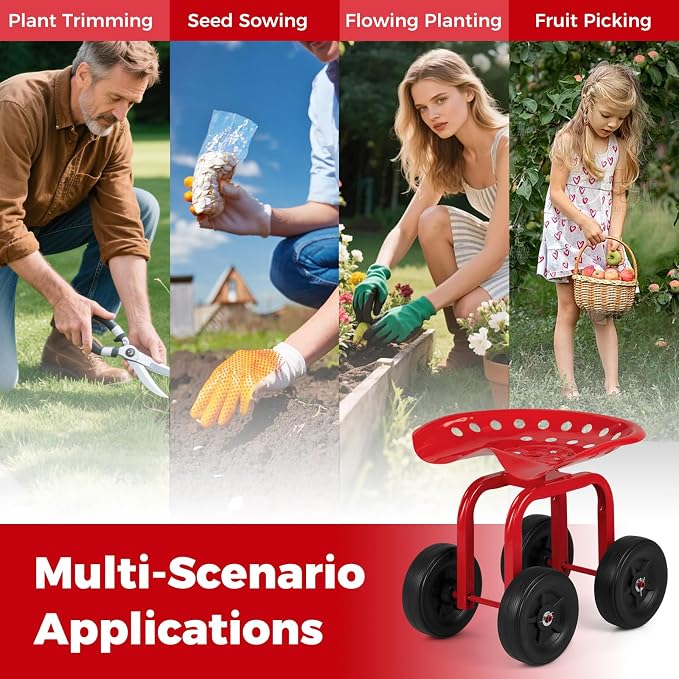 Rolling Garden Seat, Garden Cart with 360° Swivel Work Seat & Adjustable Height, Heavy Duty Garden Seat with Wheels for Lawn Yard Patio Greenhouse Planting Cleaning (Red)