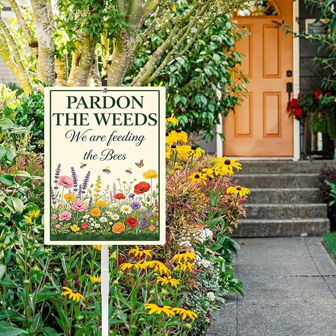 Pardon the Weeds We're Feeding The Bees Yard Sign with Stakes 8x12 In Do Not Mow No Mow May Aluminum Lawn Signs Stand for Garden Pollinator Wildflower Save Bee Habitat Outdoor Decorations