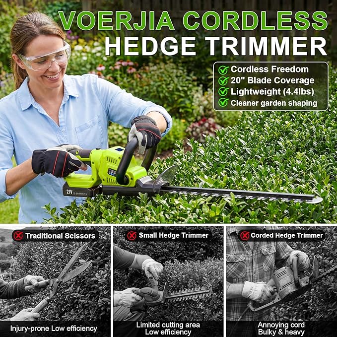 21V Lightweight Cordless Hedge Trimmer & Clippers, 20" Electric Bush Trimmer with 2 X 2.0Ah Batteries, LCD Display, 180° Rotating Handle, Dual-Action Blade, 2/3" Blade Gap for Shrub and Hedge