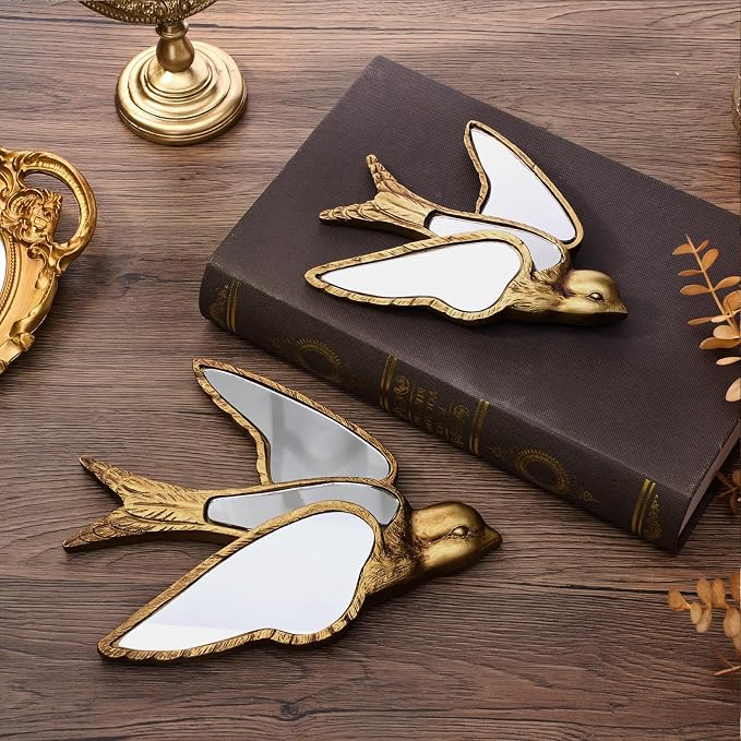 Sliner 2 Pcs Swallow Mirror Wall Decor, Gold Resin Aesthetic Bird Wall Art, Vintage Decorative Hanging Glass Mirrors for Victorian Home, Elegant Nature Inspired Summer Wedding Gift