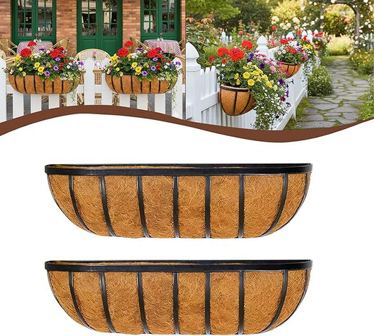 2 Pcs 24“ Railing Planter Window Box Deck Railing Planter Boxes with Coco Liner English Horse Trough Planters Metal Wall-Mounted Planters Basket for Outdoor Balcony Porch Fence Patio Rail