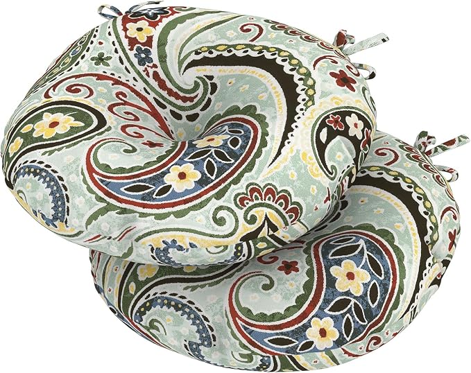 DYTXIII Set of 2 Outdoor Round Chair Cushions 15"x15"x4" with Ties, Water Repellent Tufted Bistro Seat Cushions, Thick Patio Chair Pads for Bar Stool, Garden & Dining Furniture - Paisley Lightcyan