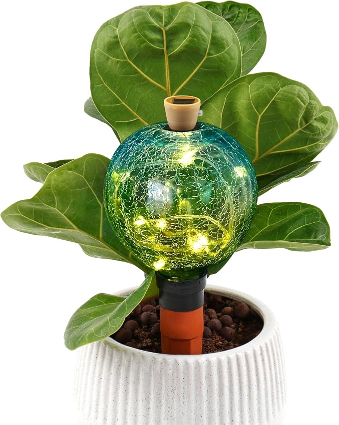 SAVENNA Crackle Glass Plant Watering Globe with Terracotta Spike,Self-Watering Irrigation for Potted Plants, with Solar Accent Light for Indoor & Outdoor Décor, 17oz, Blue–Green Gradient