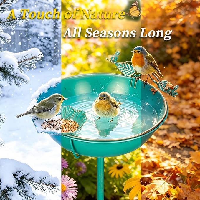 Mellbree Metal Bird Bath for Outside, 13" Dia 39" H Lake Blue with Gold Gilding, Freestanding with Perch & Feeder Bowl, Multi-Functional for Garden Patio Yard Lawn Outdoor Decor