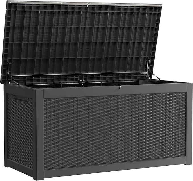 Outdoor Storage Box, 320 Gallon Lockable Resin Deck Box Large Waterproof, Patio Storage Bin for Furniture Cushion, Garden Tools and Pool Accessories, UV-Resistant Bench for Outside, Black