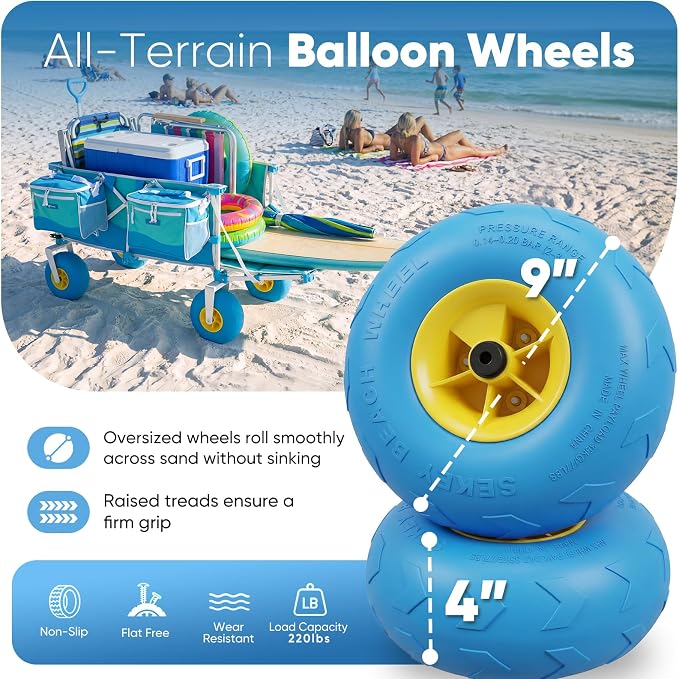 Sekey Heavy Duty Beach Wagon with 9" Big Sand-Proof Wheels, 300L Oversized Foldable Beach Cart with Cooler| Adjustable Handle & Balloon Tires for Sand, Camping,Vacation
