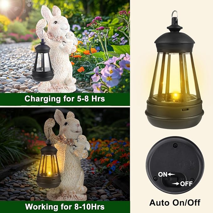 Solar Garden Statues Rabbit Lights, Outdoor Lighted Bunny Garden Decor Waterproof Figurines for Patio Porch Balcony Yard Lawn Lantern, Unique Easter Gifts for Mom Grandma Mother