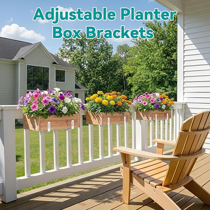 Adjustable Planter Box Brackets,Enhanced Bottom Support,Universal Outdoor Hanging Brackets,Flower Box Brackets for Fence Railings, Windowsill, Patio, Garden,Balcony. (6, White)