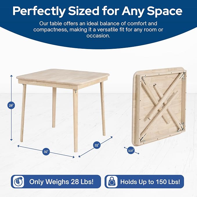 Stakmore Classic Straight Edge Square Folding Card Table 32x32 - No Assembly Wooden Foldable Card Table, Bridge, Board Game, Steel Mechanism, Folding Legs, Space-Saving, Unfinished Frame