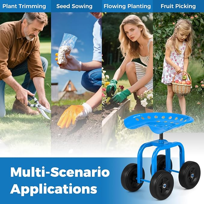 Giantex Garden Cart, Rolling Workseat with 4 Wheels, Garden Stool 360° Swivel Work Seat & Adjustable Height, Heavy Duty Wagon Scooter for Gardening for Patio Garden, Lawn, Yard (Blue)