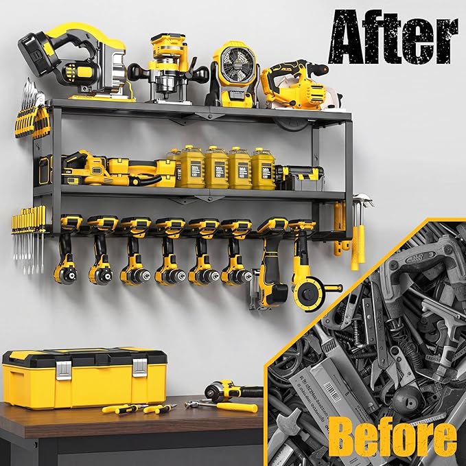 Heavy Duty Power Tool Organizer Wall Mount, Metal Tool Storage Rack Loads 320lbs, 8 Cordless Drill Holder 3 Layer for Garage, Workshop, Tool Room, Gift for Men