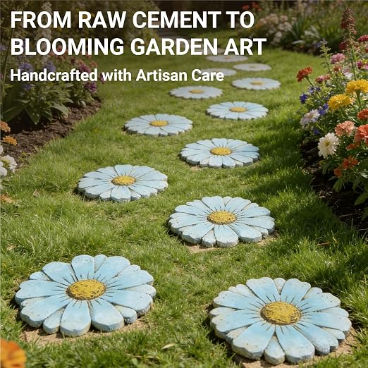 2 Pack Daisy Cement Stepping Stones 10 Inch, Heavy Duty Garden Pathway Stones, Non Slip Outdoor Walkway Decor for Yard Patio Lawn, Weather Resistant Cement Stepping Stones (Blue)