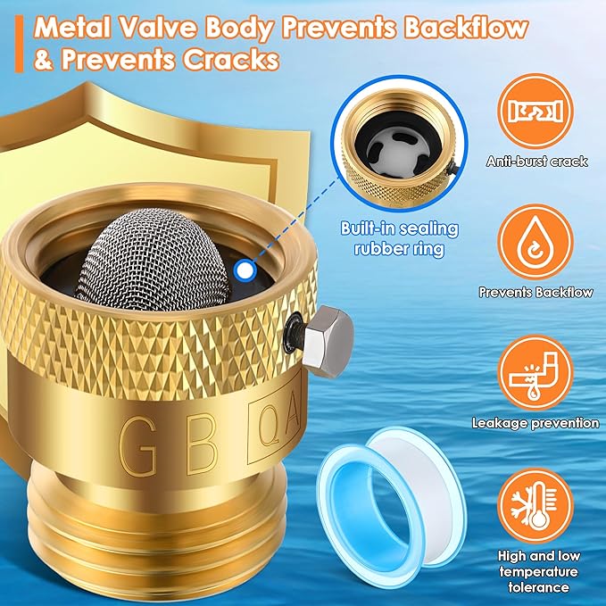 Drip Irrigation Faucet Adapter 25 PSI, 1/4" Tubing Quick Connect to 3/4" Garden Hose with Backflow Preventer, Filter, Plumbers Tape, Pressure Regulator, Copper Drip Irrigation System Fittings