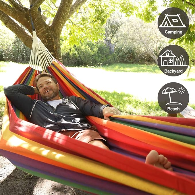 CHULIM Brazilian Double Hammock with Tree Straps,Extra Large 94x63IN,2 Persons Hammock for Backyard Patio Outdoor and Indoor,450lbs Weight Capacity,Soft Woven Cotton Fabric - Black Stripe