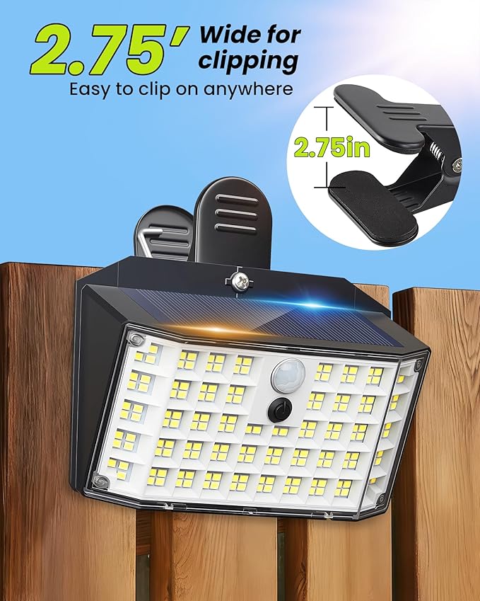 Clip on Solar Lights Outdoor with Motion Sensor, 600LM 176LED Solar Fence Lights Outdoor Waterproof, 3 Modes & Portable Security Lights for Chain Link Patio Deck Yard Garage (2Pack)