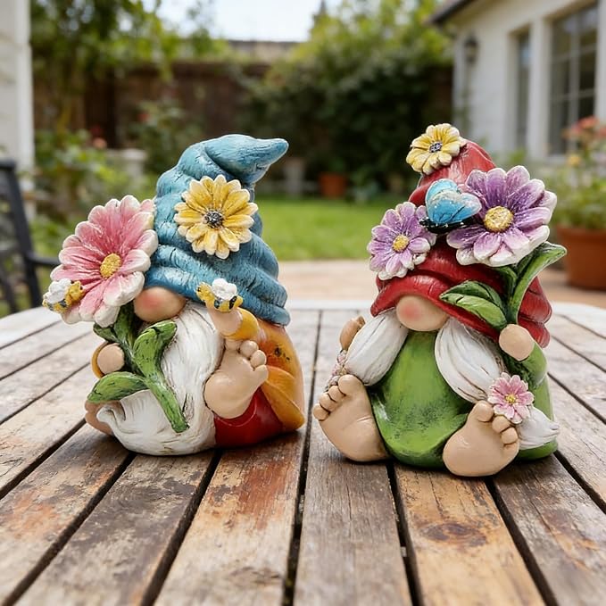 Hodao 2PCS Spring Flower Gnome Figurines Decorations - Resin Summer Gnomes Plush Decor for Indoor Garden Office, Cute Floral Gnome Ornaments Gift for Housewarming, Birthday, Holiday